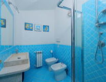 a blue tiled shower